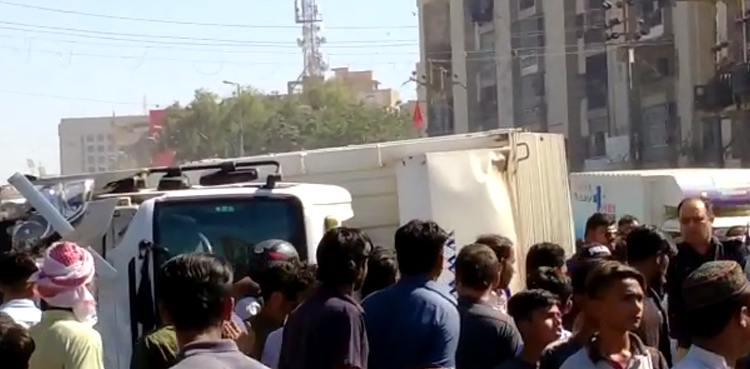 one-wounded-as-container-carrying-truck-crushes-car-in-karachi